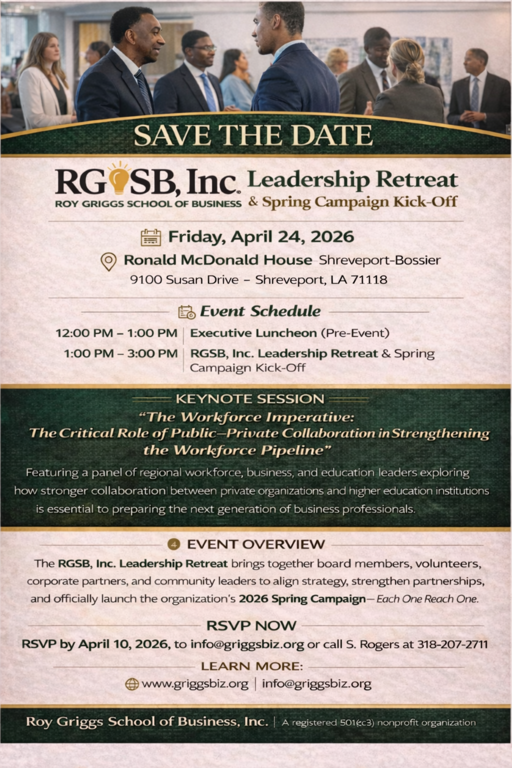 Save the Date flyer for Roy Griggs School of Business Leadership Retreat and Spring Campaign Kick-Off on April 24, 2026